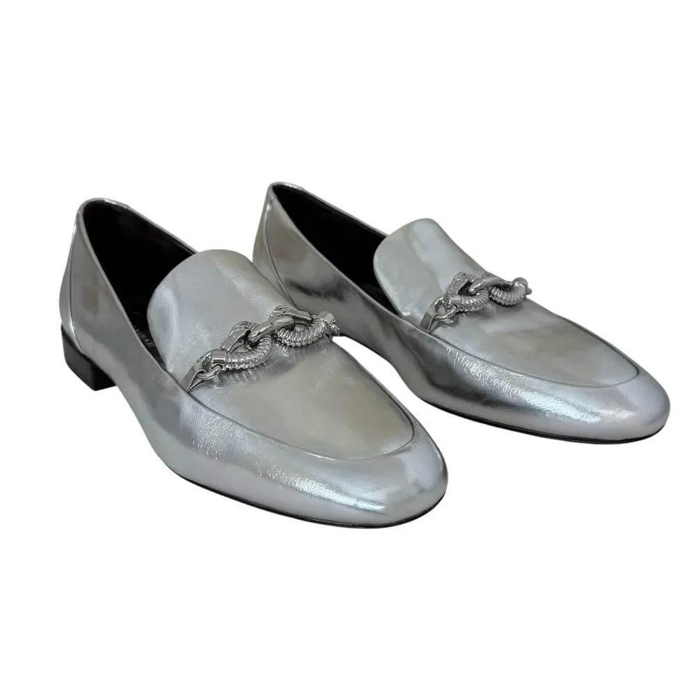 Tory Burch Jessa Loafers Shoes  Silver Metallic Leather with Chain Horsebit 8.5
